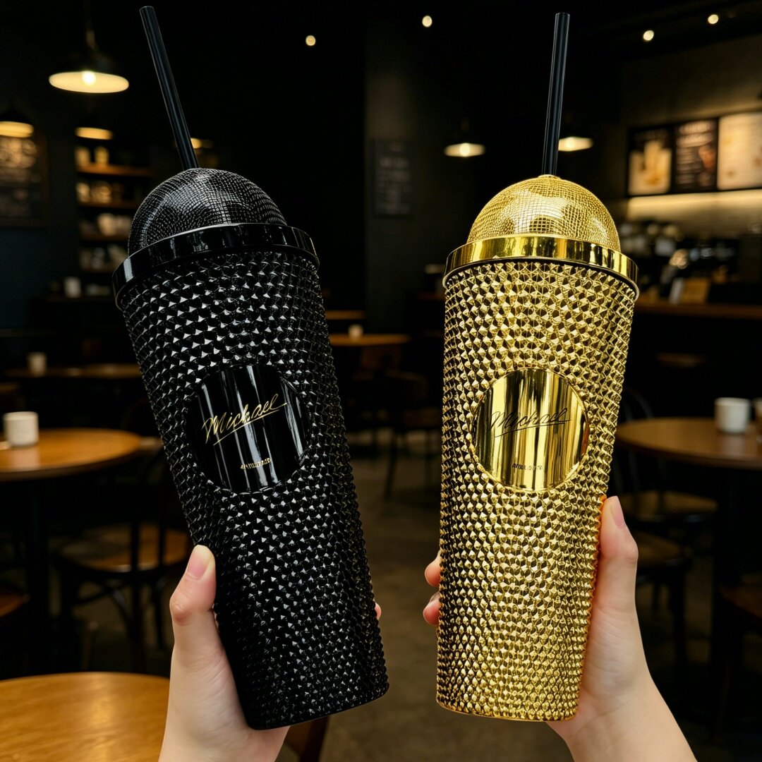 Musical Instrument Jazz - ホットマイケルラインストーンタンブラー クリエイティブストローブリングドリンクカップ フェドラハット マイク型 コレクターズアイテム 男の子